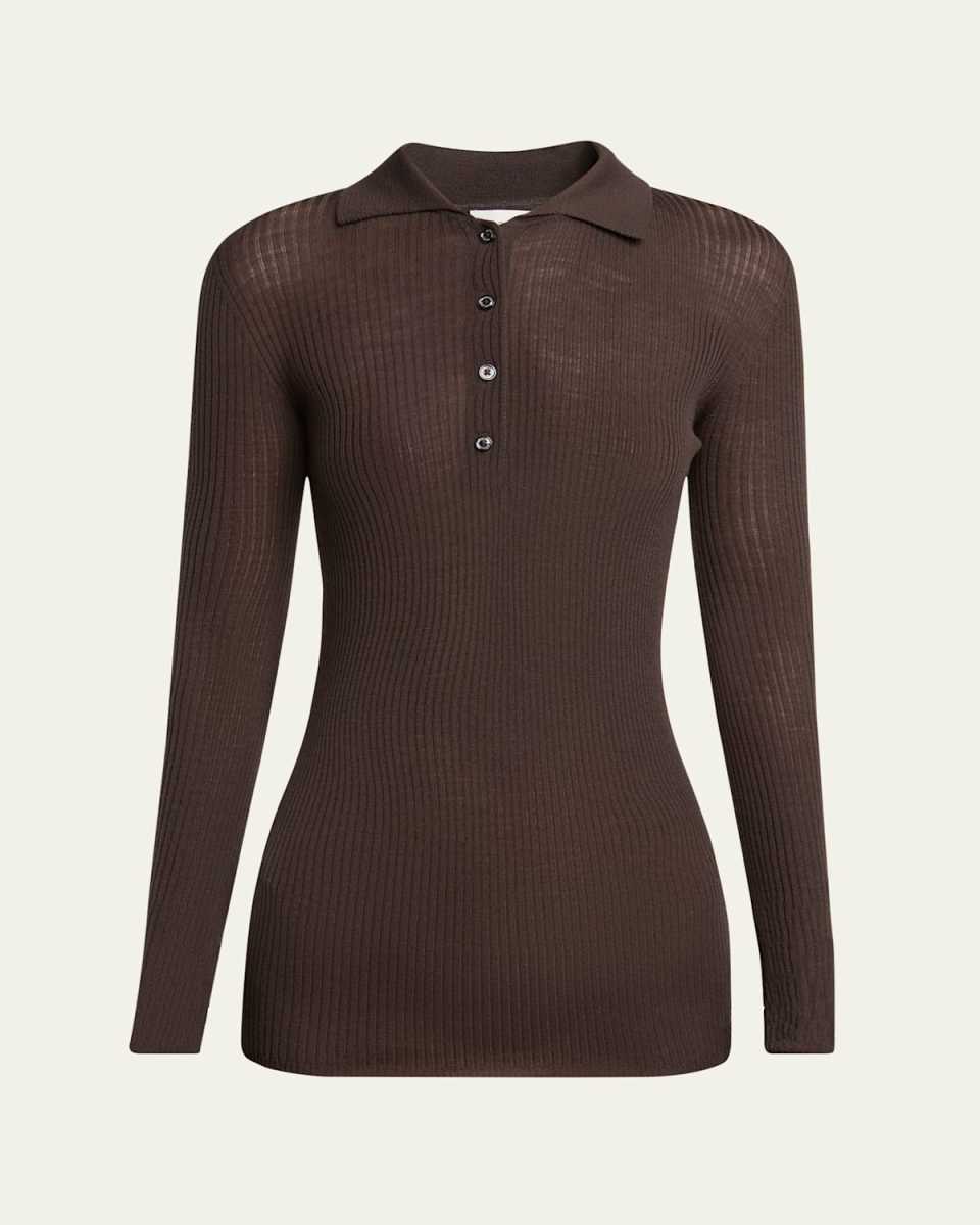 Long-Sleeve Fine Rib Polo Top